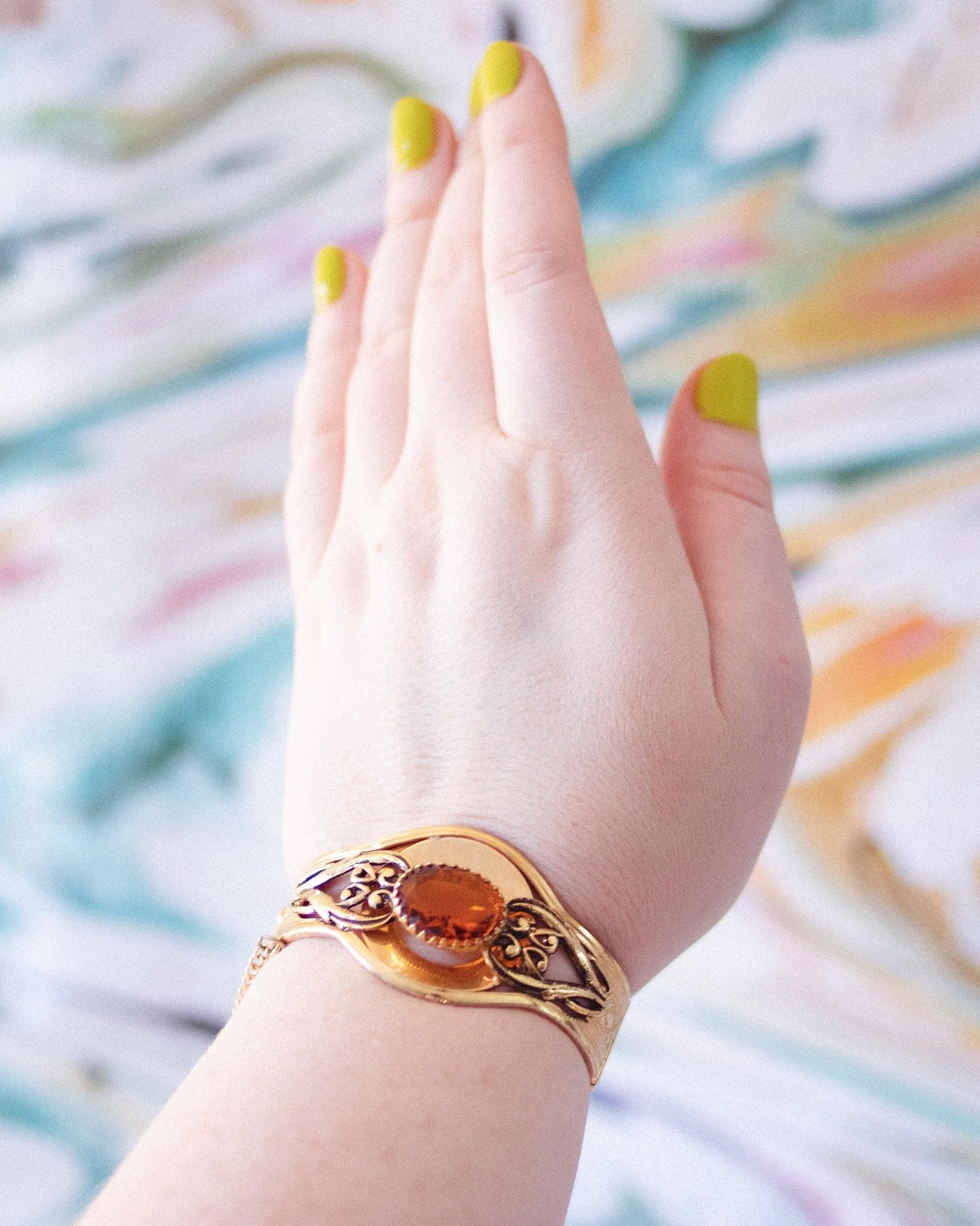 Vintage Czech Gold Tone Embossed Statement Bracelet  Amber Rhinestone