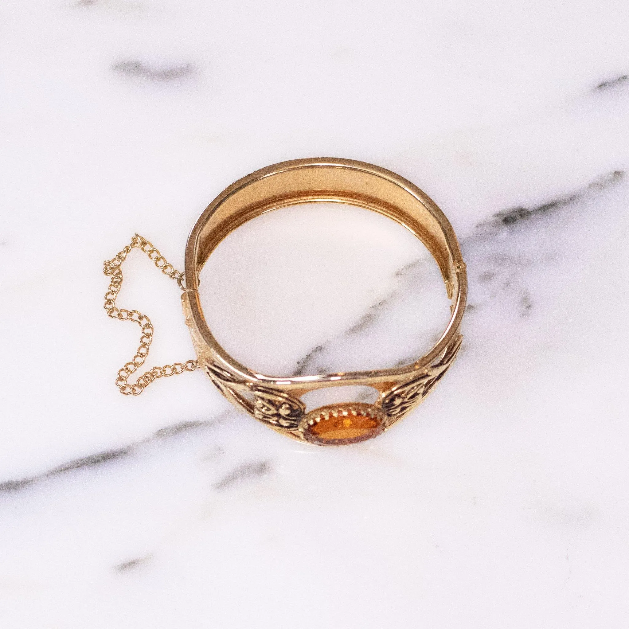 Vintage Czech Gold Tone Embossed Statement Bracelet  Amber Rhinestone