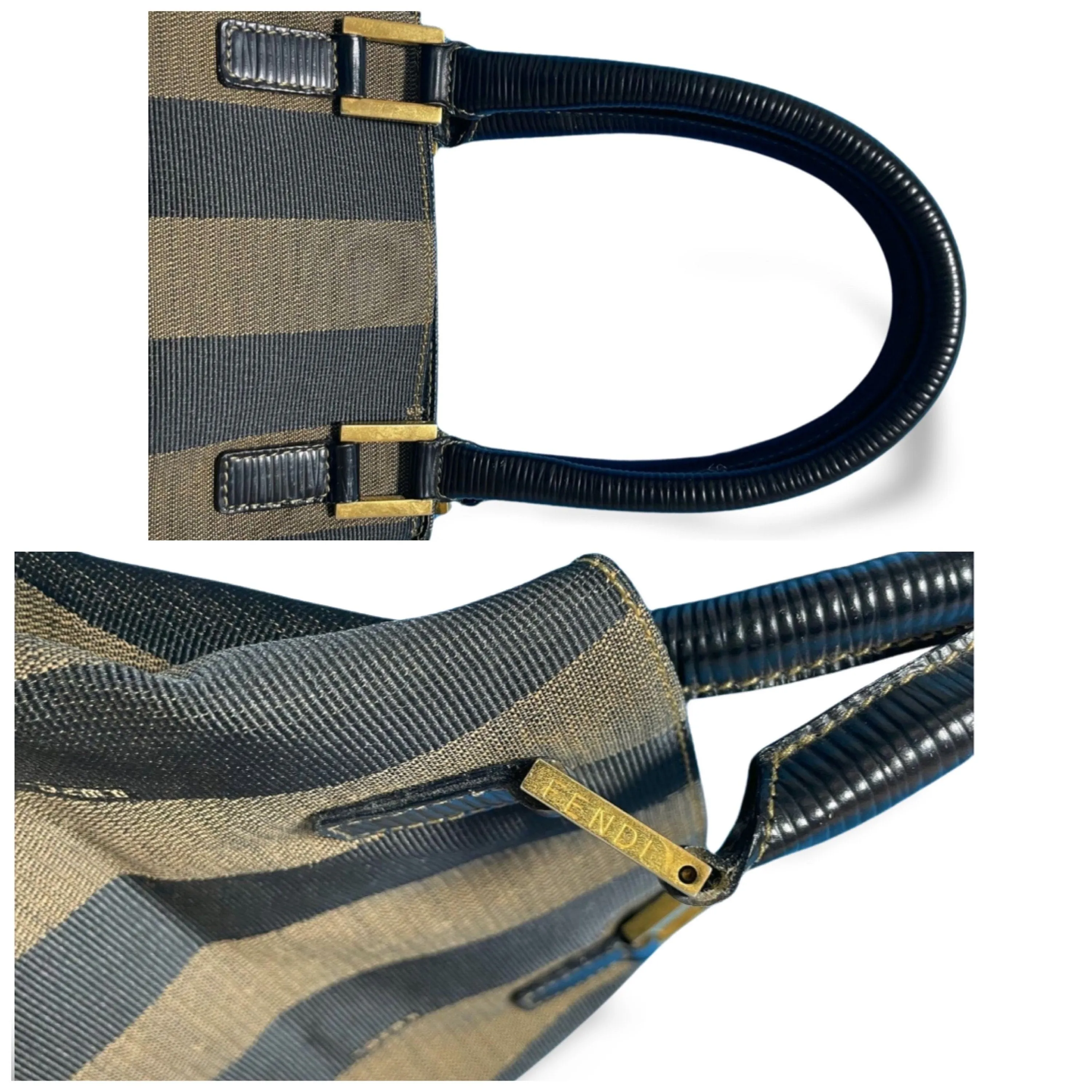 Vintage FENDI pecan stripe jacquard fabric tote bag, handbag with black leather handles. Fendi classic bag. Must have purse. 060423ac1