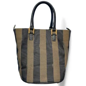 Vintage FENDI pecan stripe jacquard fabric tote bag, handbag with black leather handles. Fendi classic bag. Must have purse. 060423ac1