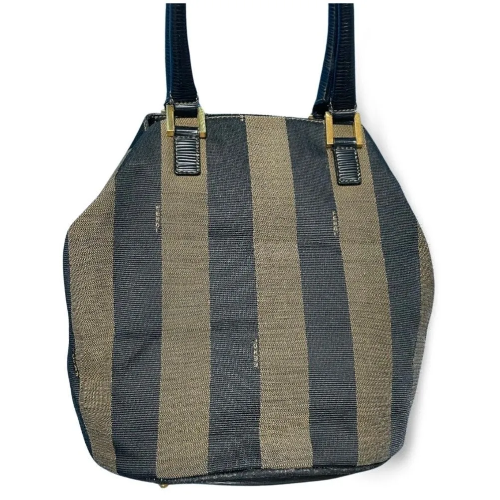 Vintage FENDI pecan stripe jacquard fabric tote bag, handbag with black leather handles. Fendi classic bag. Must have purse. 060423ac1