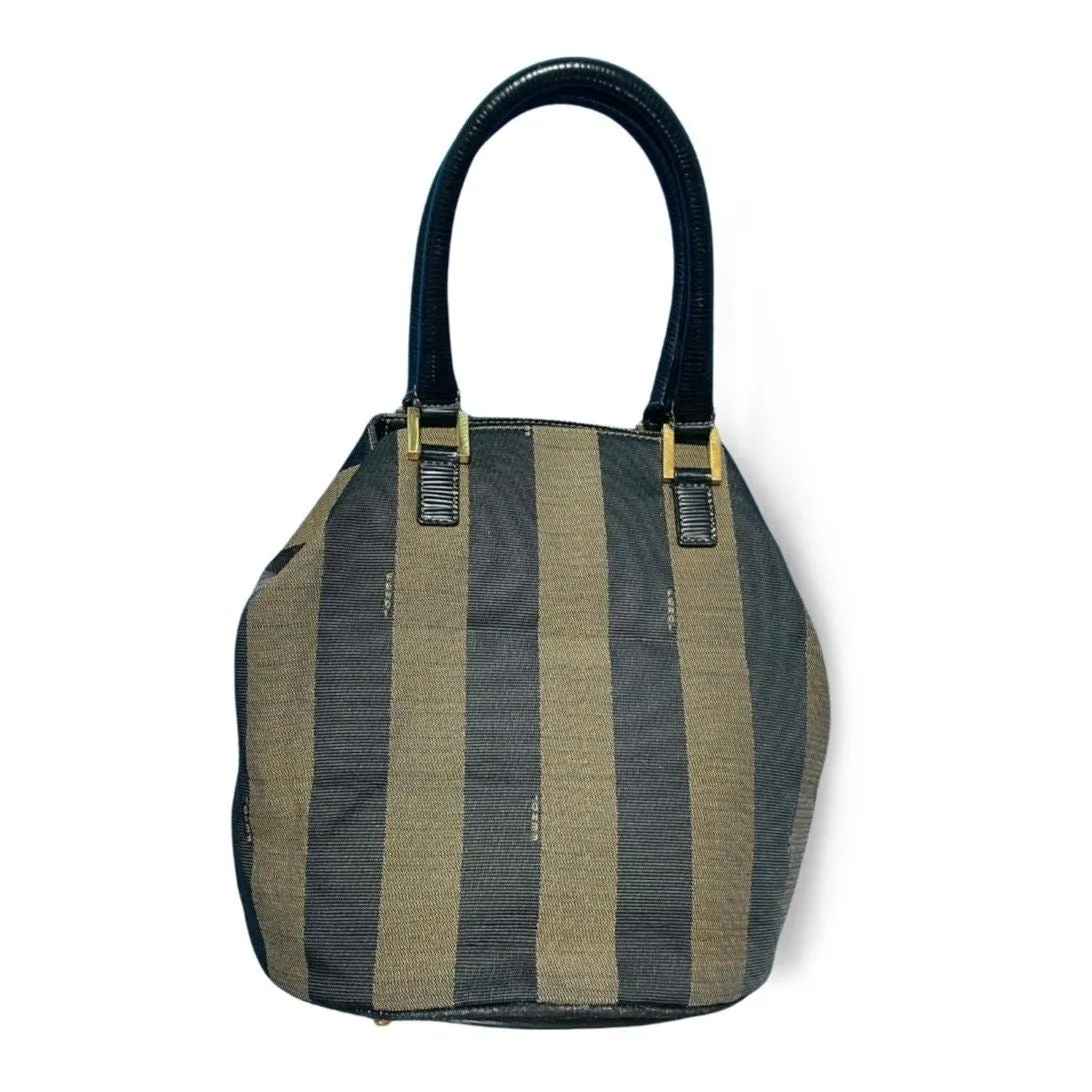 Vintage FENDI pecan stripe jacquard fabric tote bag, handbag with black leather handles. Fendi classic bag. Must have purse. 060423ac1