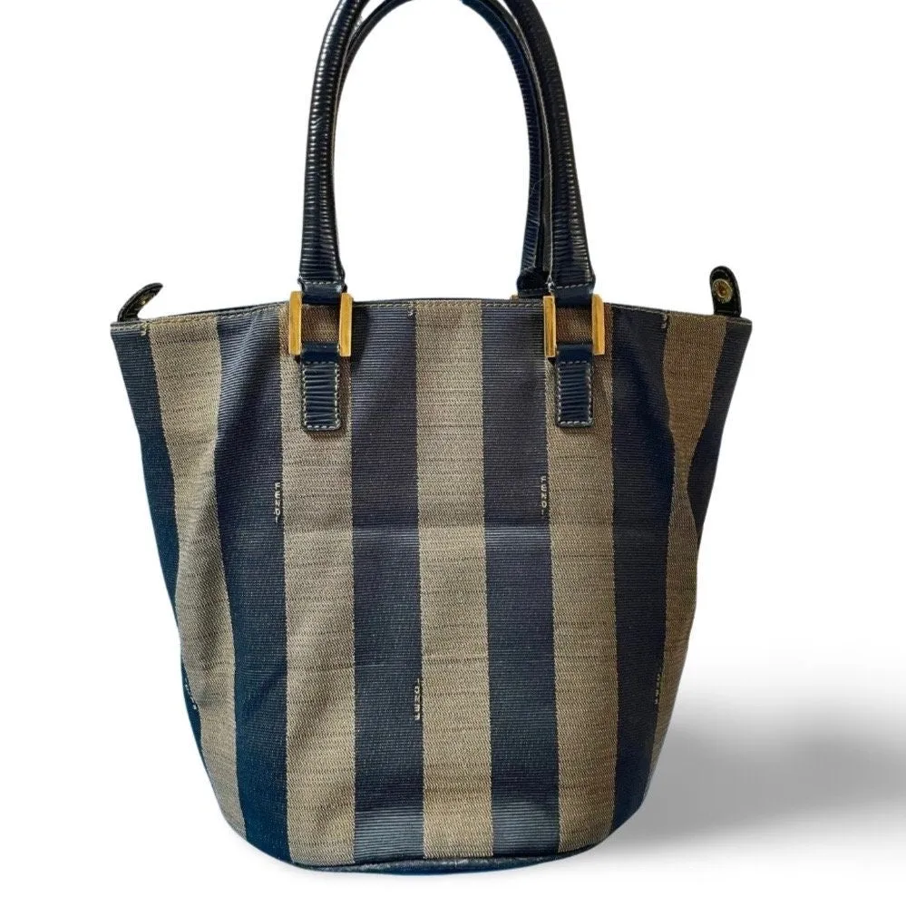 Vintage FENDI pecan stripe jacquard fabric tote bag, handbag with black leather handles. Fendi classic bag. Must have purse. 060423ac1
