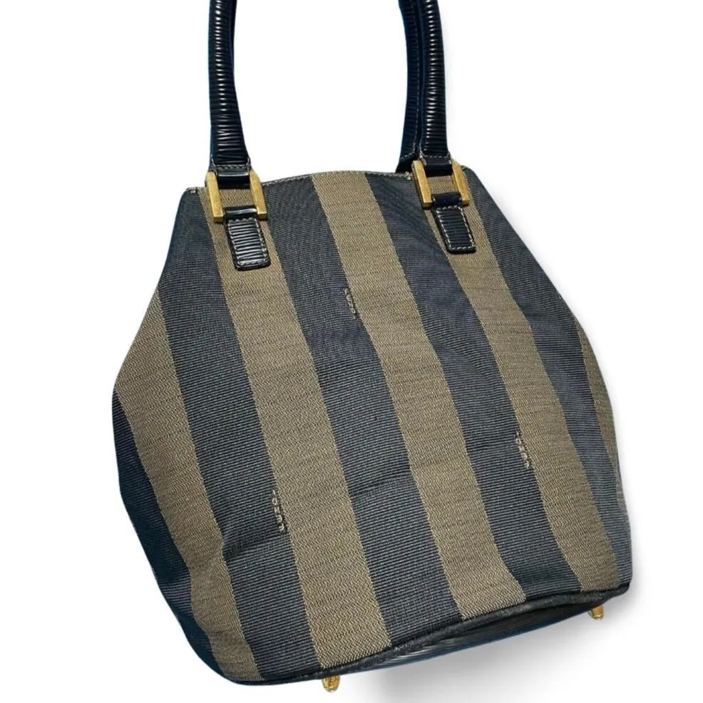 Vintage FENDI pecan stripe jacquard fabric tote bag, handbag with black leather handles. Fendi classic bag. Must have purse. 060423ac1