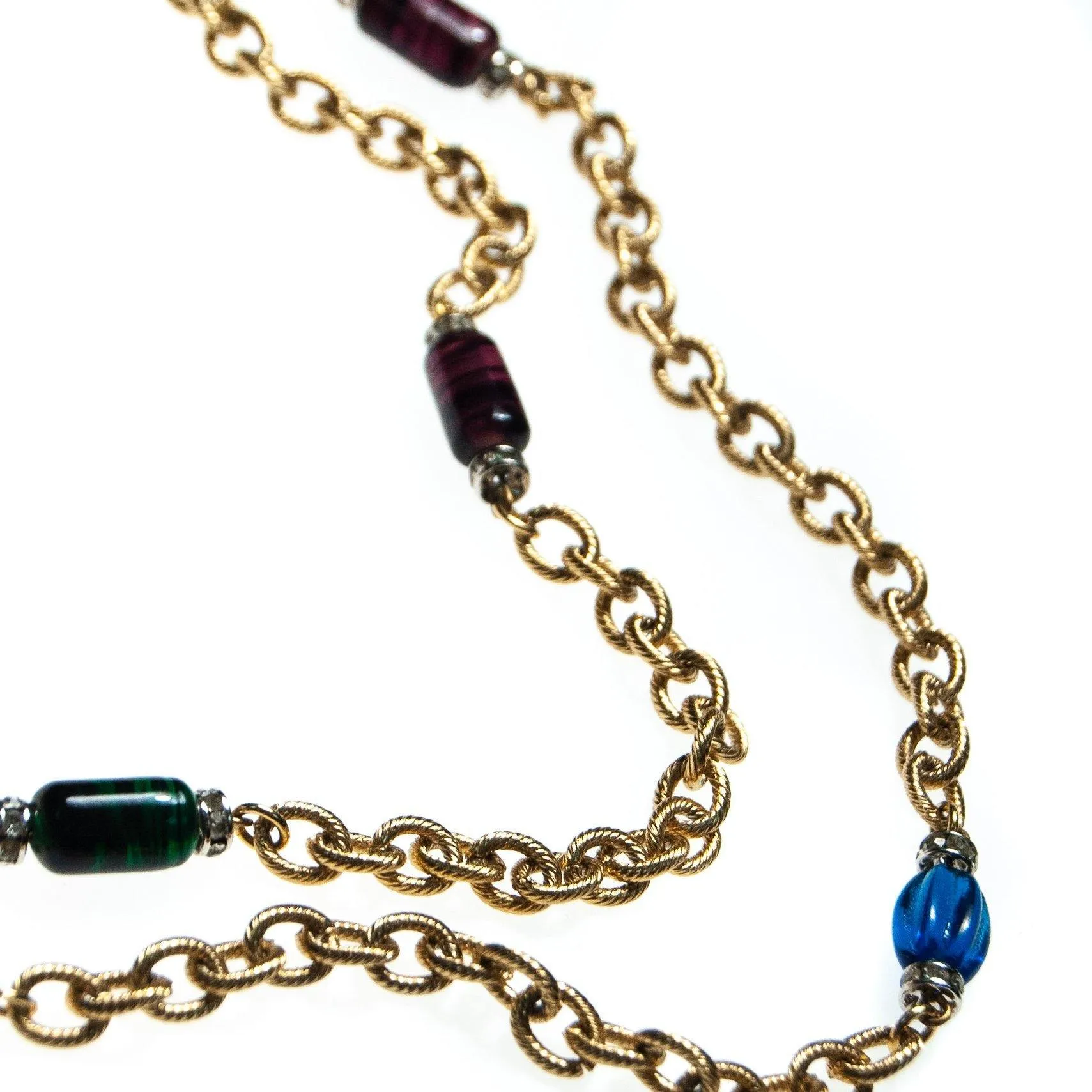 Vintage Givenchy Couture Long Gold Chain Necklace with Crystal Bead Stations, Brown, Green and Blue Beads, Diamante Crystals