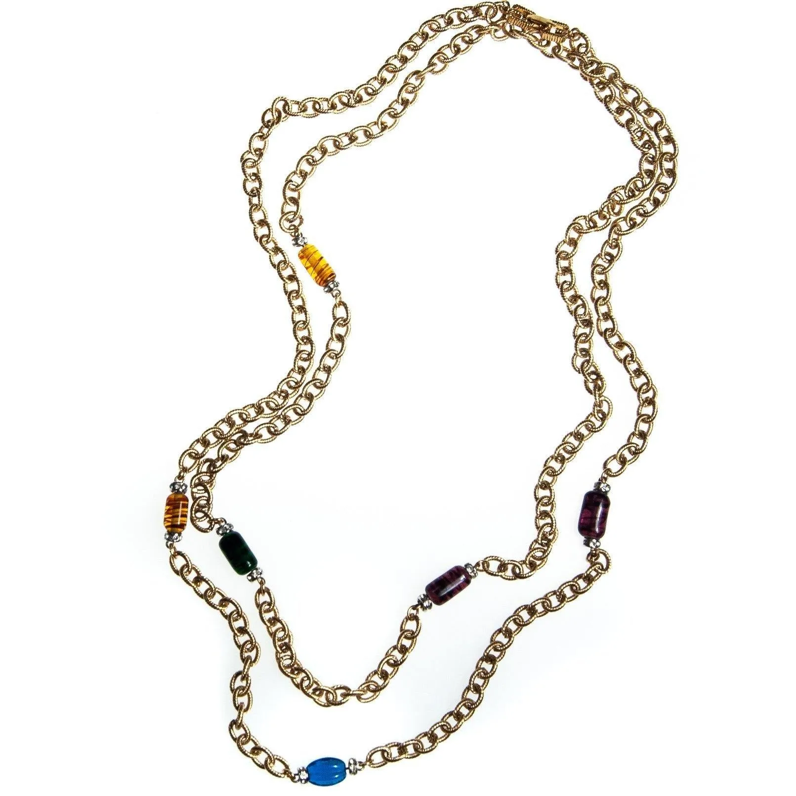 Vintage Givenchy Couture Long Gold Chain Necklace with Crystal Bead Stations, Brown, Green and Blue Beads, Diamante Crystals