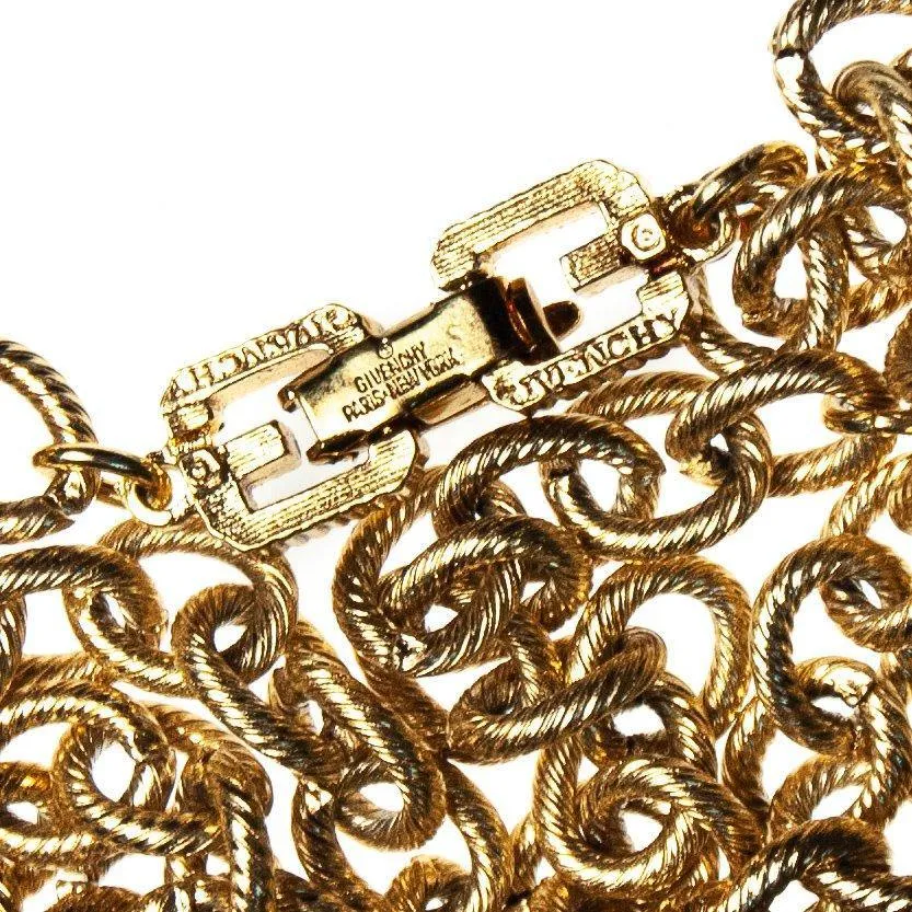 Vintage Givenchy Couture Long Gold Chain Necklace with Crystal Bead Stations, Brown, Green and Blue Beads, Diamante Crystals