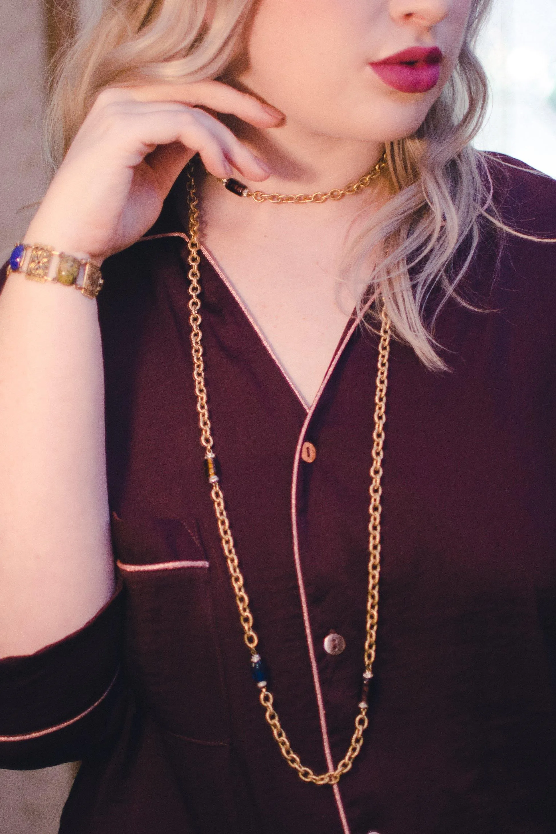 Vintage Givenchy Couture Long Gold Chain Necklace with Crystal Bead Stations, Brown, Green and Blue Beads, Diamante Crystals