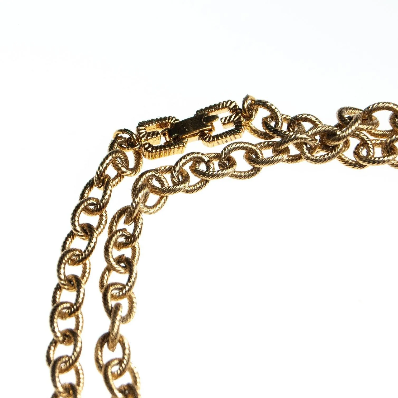 Vintage Givenchy Couture Long Gold Chain Necklace with Crystal Bead Stations, Brown, Green and Blue Beads, Diamante Crystals