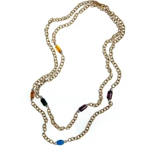 Vintage Givenchy Couture Long Gold Chain Necklace with Crystal Bead Stations, Brown, Green and Blue Beads, Diamante Crystals