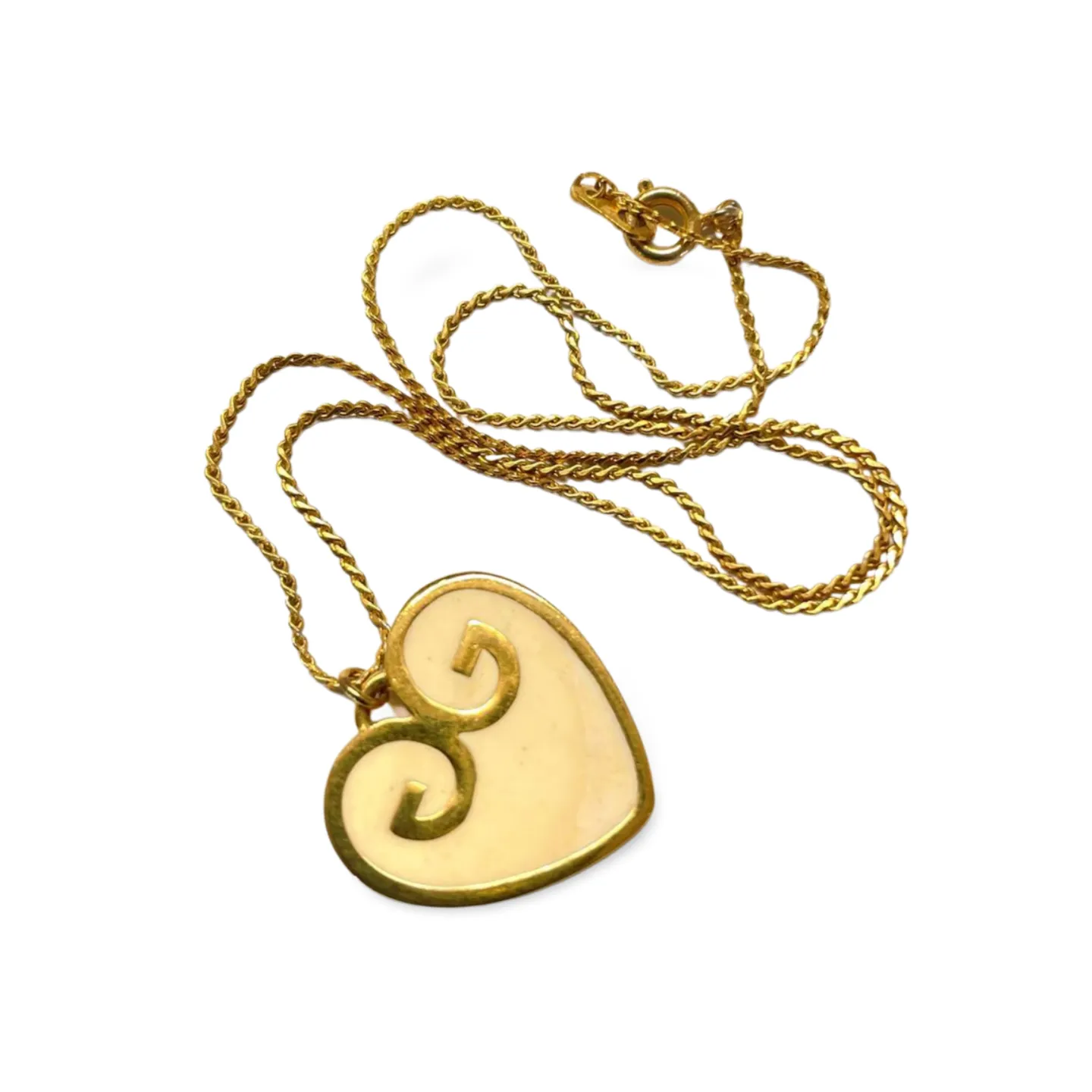 Vintage Givenchy golden skinny chain necklace with white logo mix heart top. Cute vintage jewelry piece. 060319ac1
