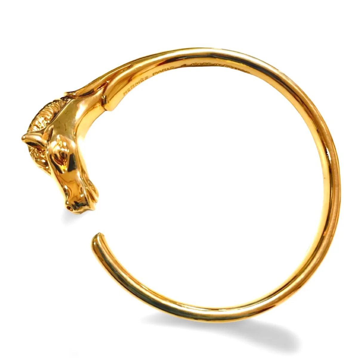 Vintage Hermes golden horse head design bangle, bracelet. Classic jewelry from Hermes. 070218ys7