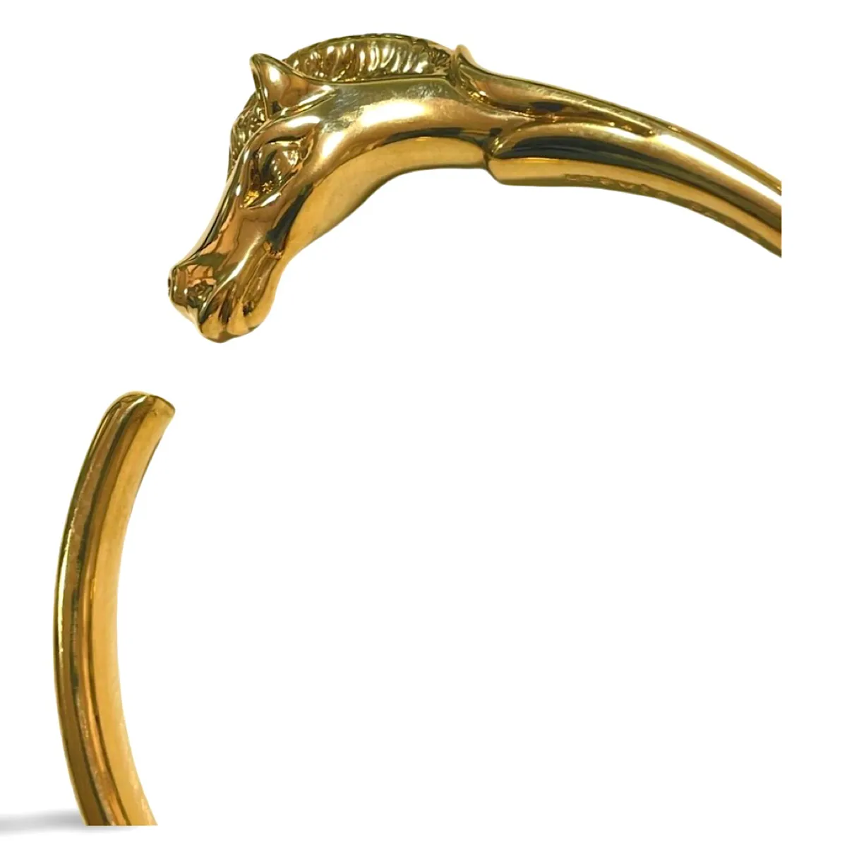 Vintage Hermes golden horse head design bangle, bracelet. Classic jewelry from Hermes. 070218ys7