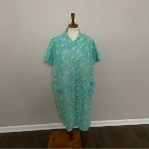 Vintage House Coat Dress Floral Ruffle Pockets Snap Buttons Yellow Pink Green