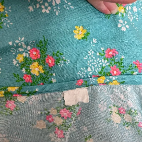 Vintage House Coat Dress Floral Ruffle Pockets Snap Buttons Yellow Pink Green