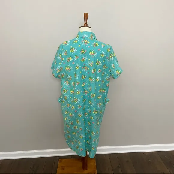 Vintage House Coat Dress Floral Ruffle Pockets Snap Buttons Yellow Pink Green