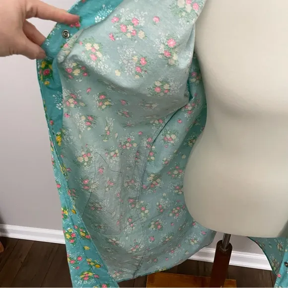 Vintage House Coat Dress Floral Ruffle Pockets Snap Buttons Yellow Pink Green
