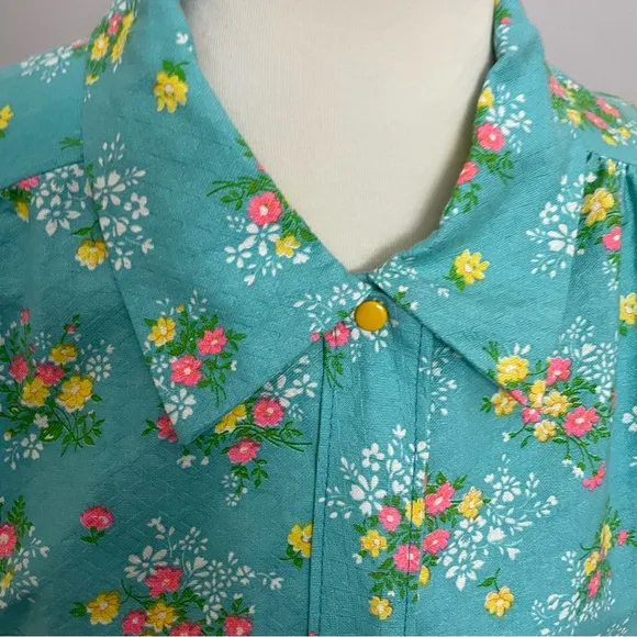 Vintage House Coat Dress Floral Ruffle Pockets Snap Buttons Yellow Pink Green