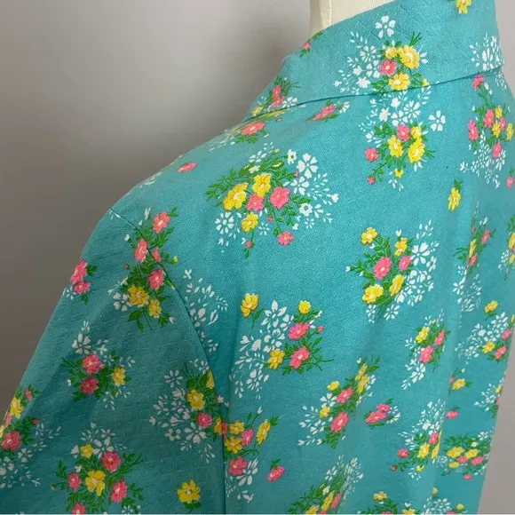 Vintage House Coat Dress Floral Ruffle Pockets Snap Buttons Yellow Pink Green