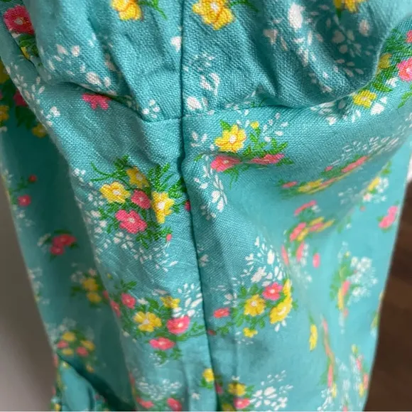 Vintage House Coat Dress Floral Ruffle Pockets Snap Buttons Yellow Pink Green
