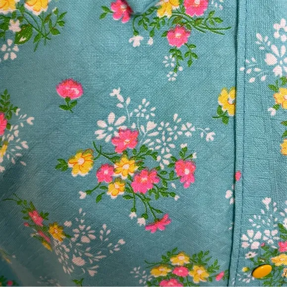 Vintage House Coat Dress Floral Ruffle Pockets Snap Buttons Yellow Pink Green