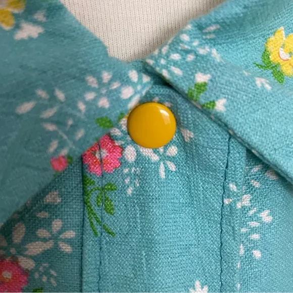 Vintage House Coat Dress Floral Ruffle Pockets Snap Buttons Yellow Pink Green