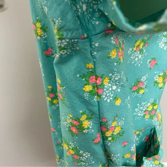 Vintage House Coat Dress Floral Ruffle Pockets Snap Buttons Yellow Pink Green