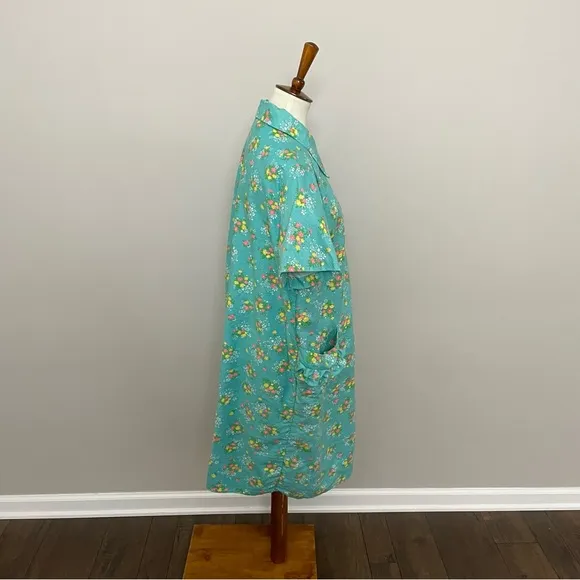 Vintage House Coat Dress Floral Ruffle Pockets Snap Buttons Yellow Pink Green