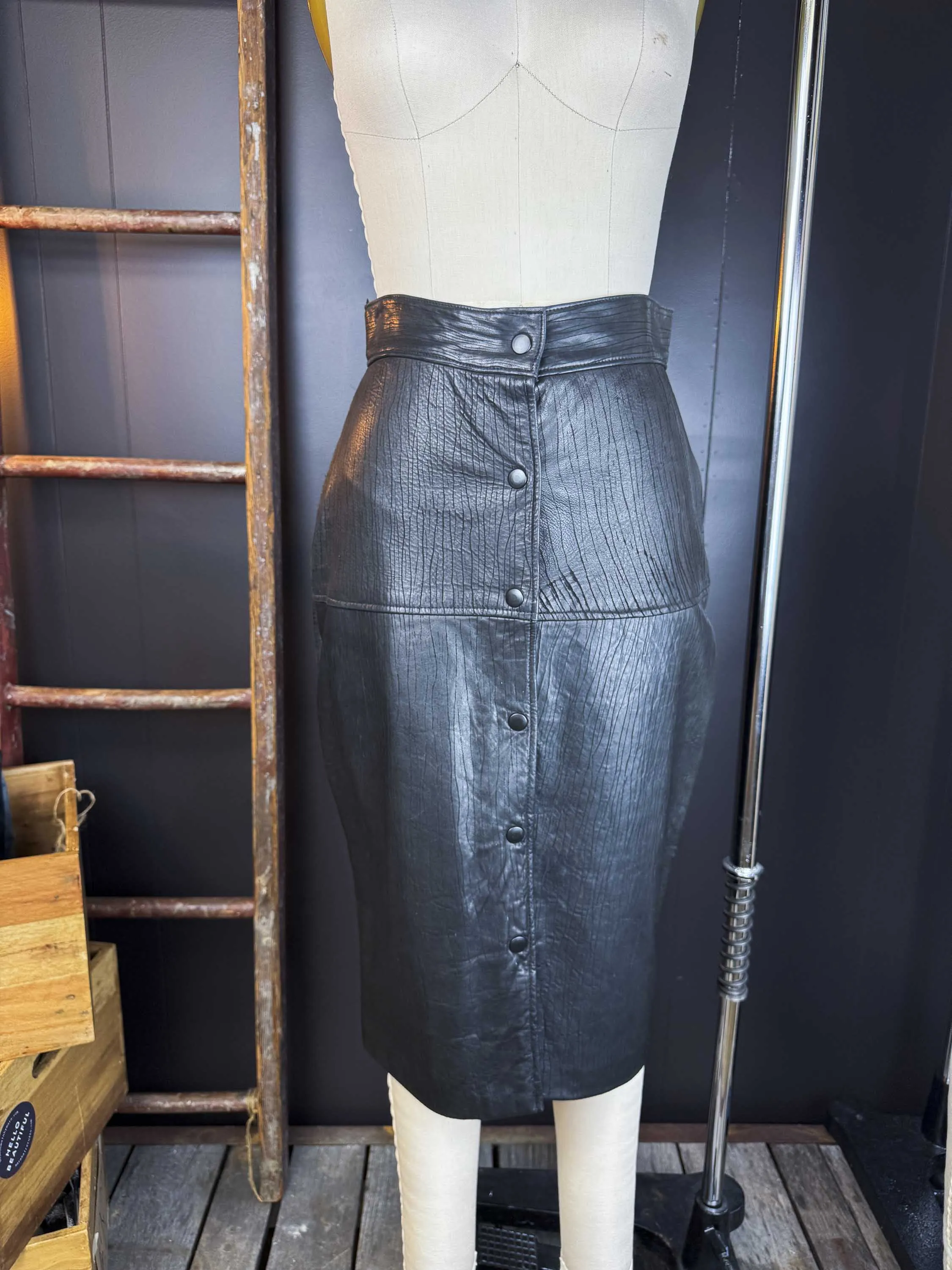 Vintage Leather Snap Front Skirt - Size S