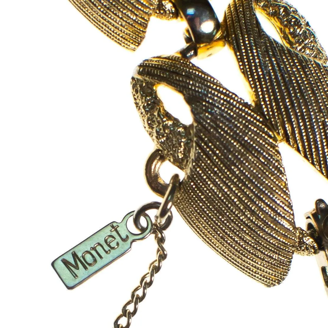Vintage Monet Mid Century Modern Double Link Bracelet, Brushed Gold Tone, Safety Chain, Snap Lock Clasp