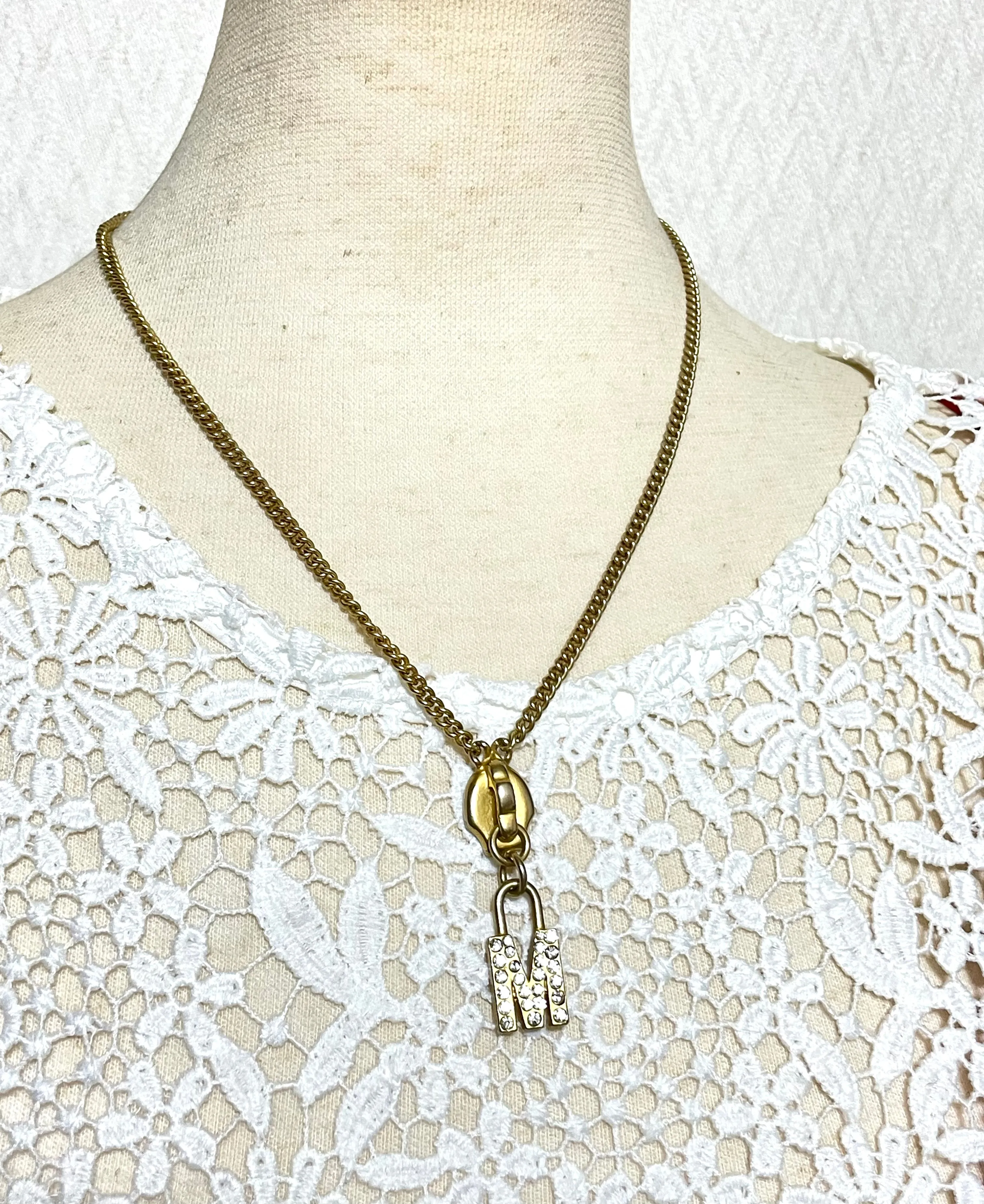 Vintage Moschino chain necklace with zipper pull design M logo heart pendant top. 050806ya1