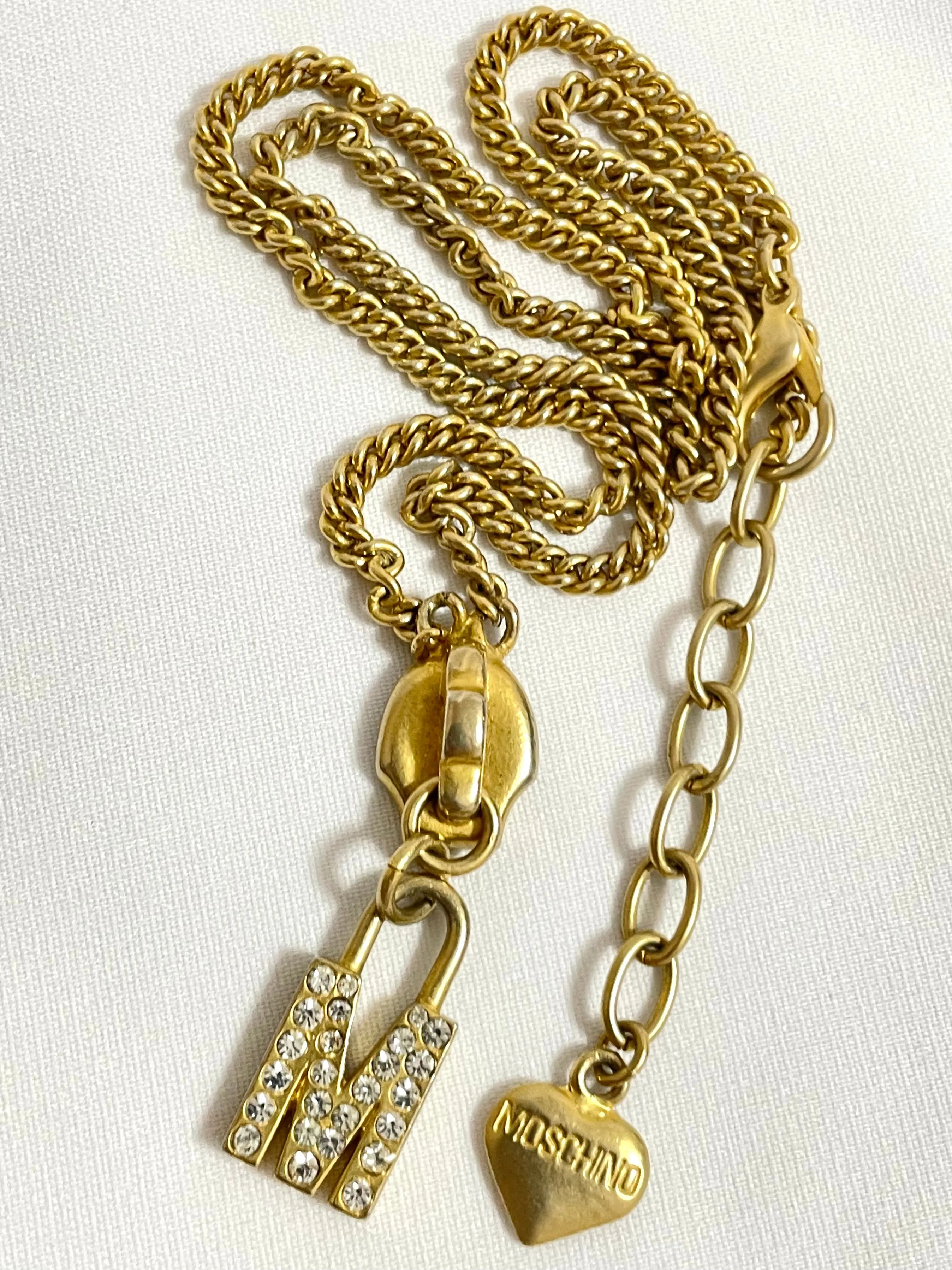 Vintage Moschino chain necklace with zipper pull design M logo heart pendant top. 050806ya1