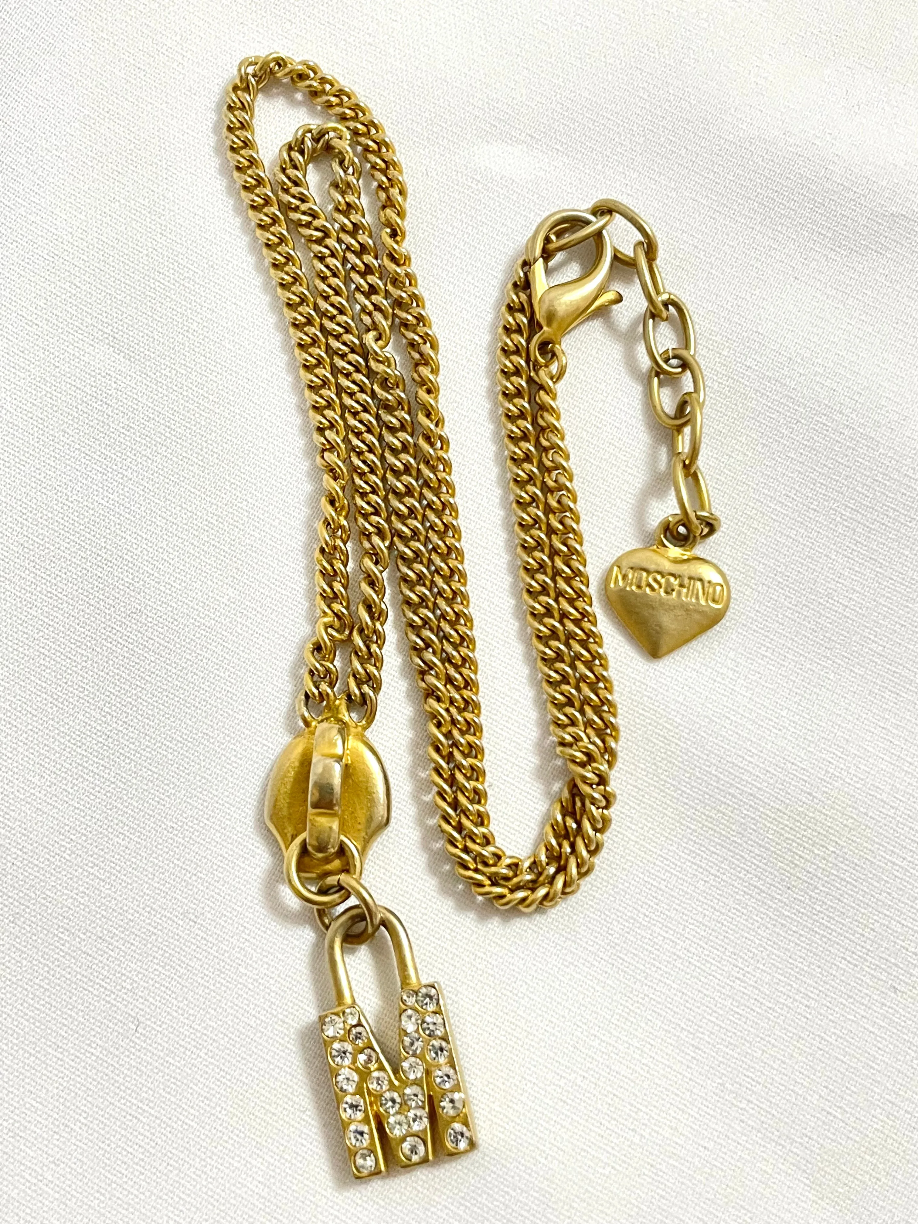 Vintage Moschino chain necklace with zipper pull design M logo heart pendant top. 050806ya1