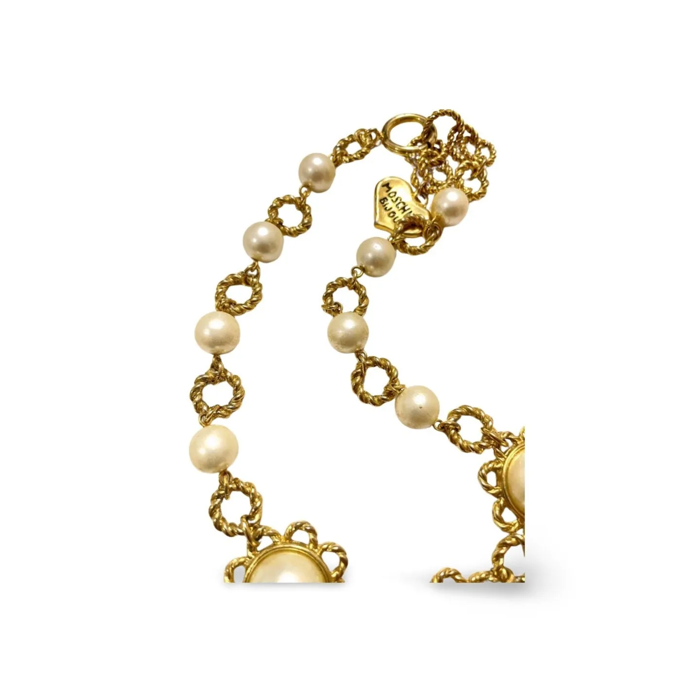 Vintage Moschino twisted chain and faux pearl flower motif statement necklace with heart charm. Moschino BIJOUX. 060208ya