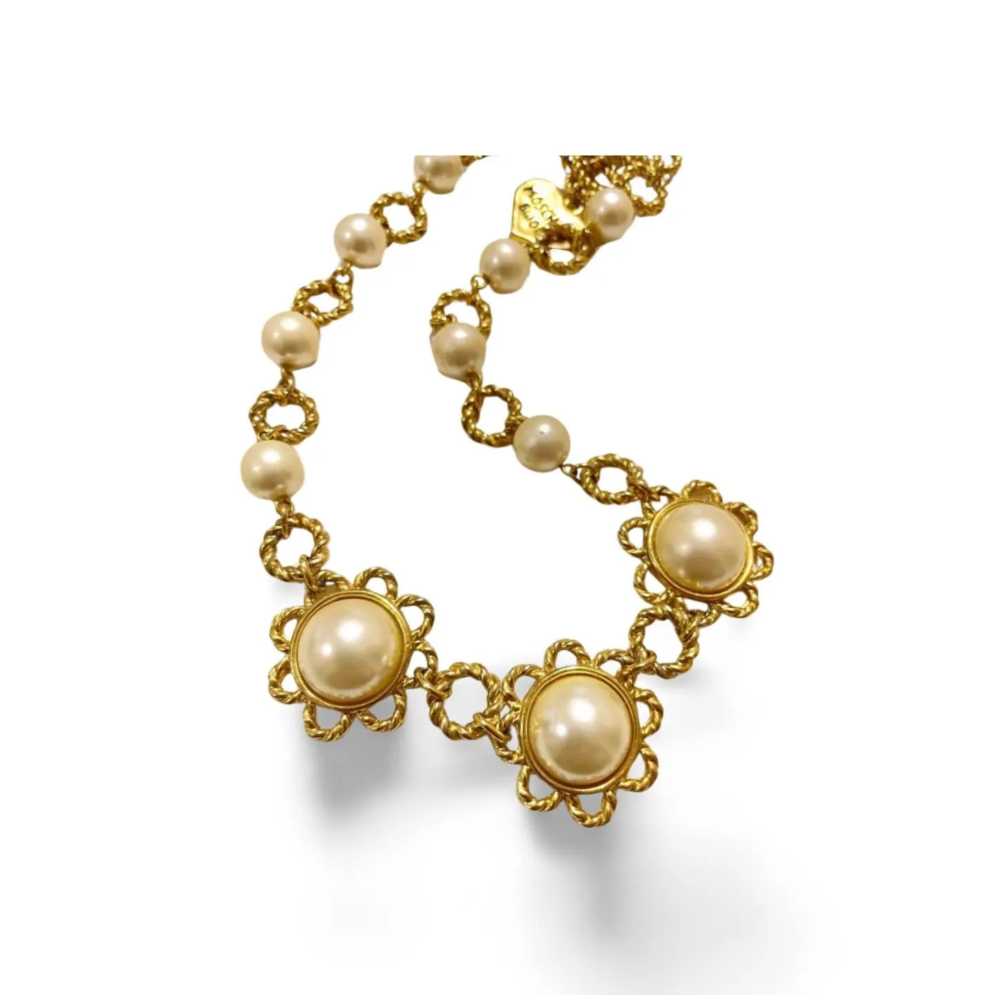 Vintage Moschino twisted chain and faux pearl flower motif statement necklace with heart charm. Moschino BIJOUX. 060208ya