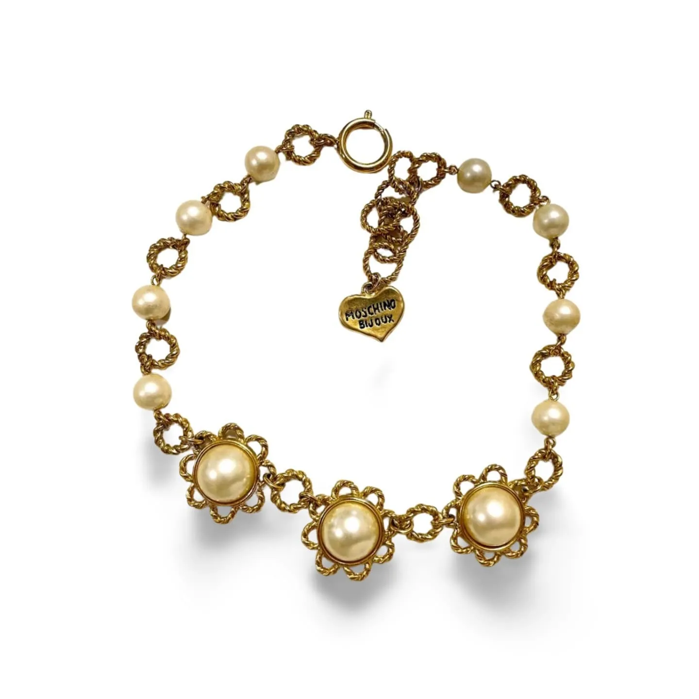 Vintage Moschino twisted chain and faux pearl flower motif statement necklace with heart charm. Moschino BIJOUX. 060208ya