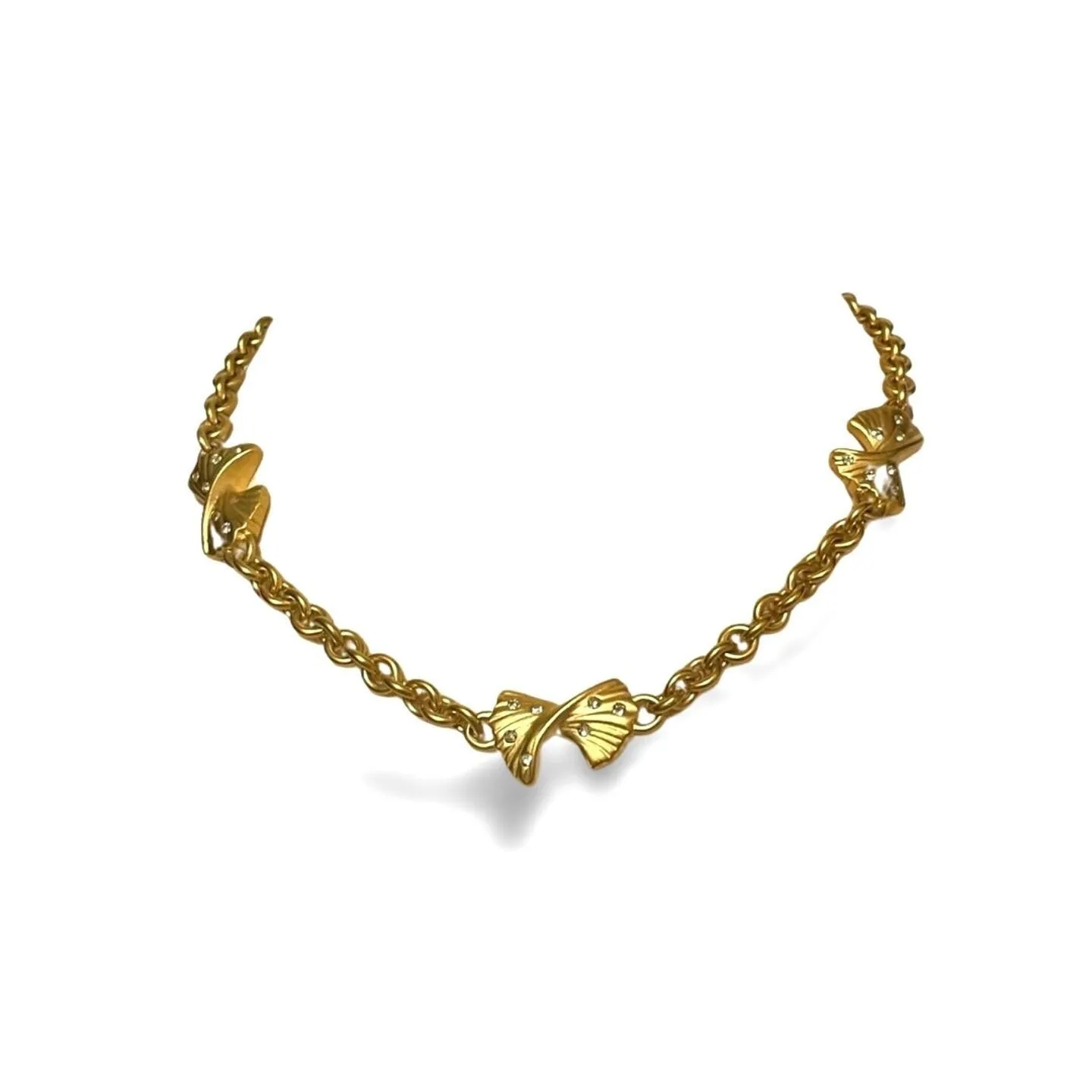 Vintage Nina Ricci golden chain necklace with ribbon bow and crystals. Perfect vintage jewelry. 060521ac6
