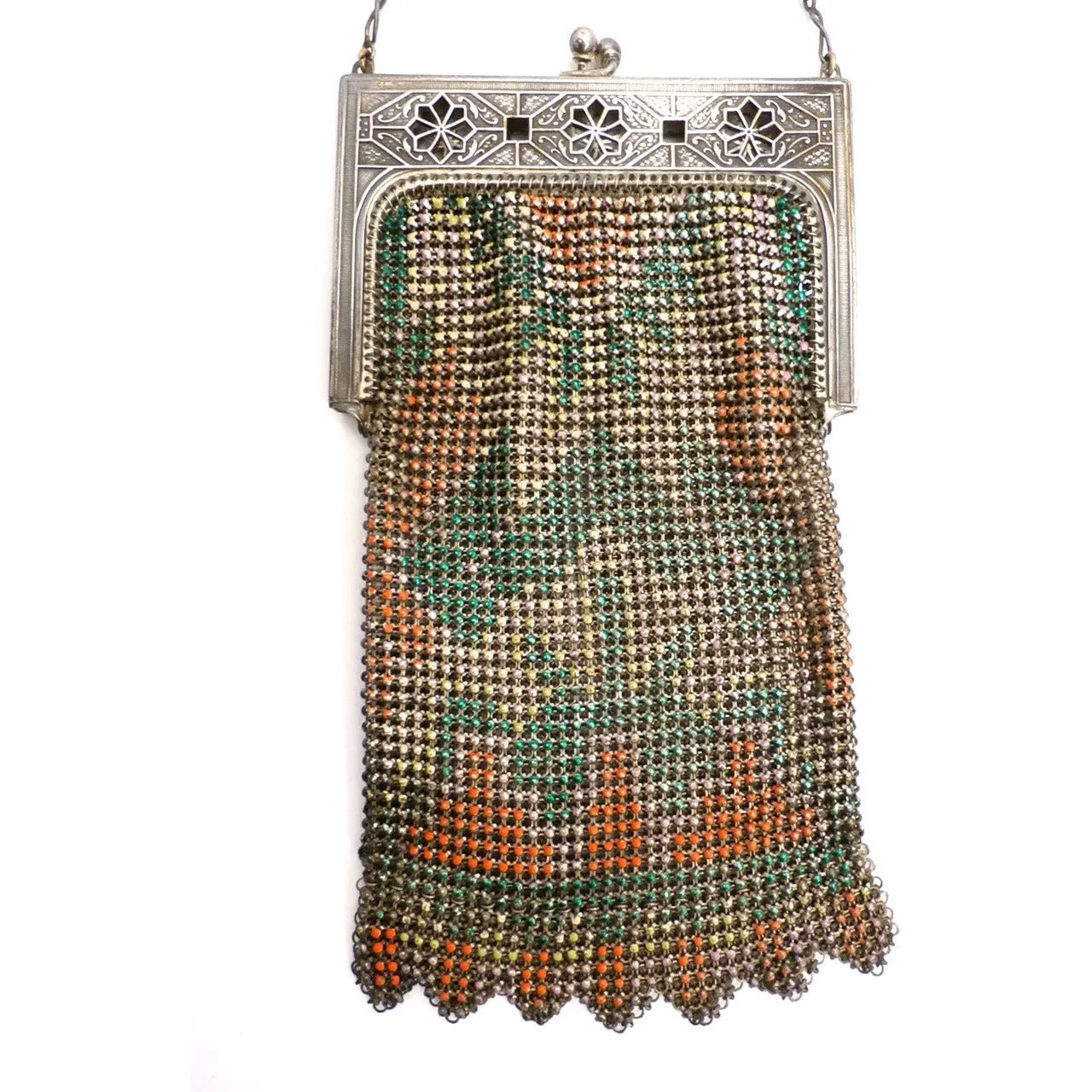 Vintage Purse Art Deco Whiting & Davis Enameled Mesh Purse 1920S Orange Pink Green
