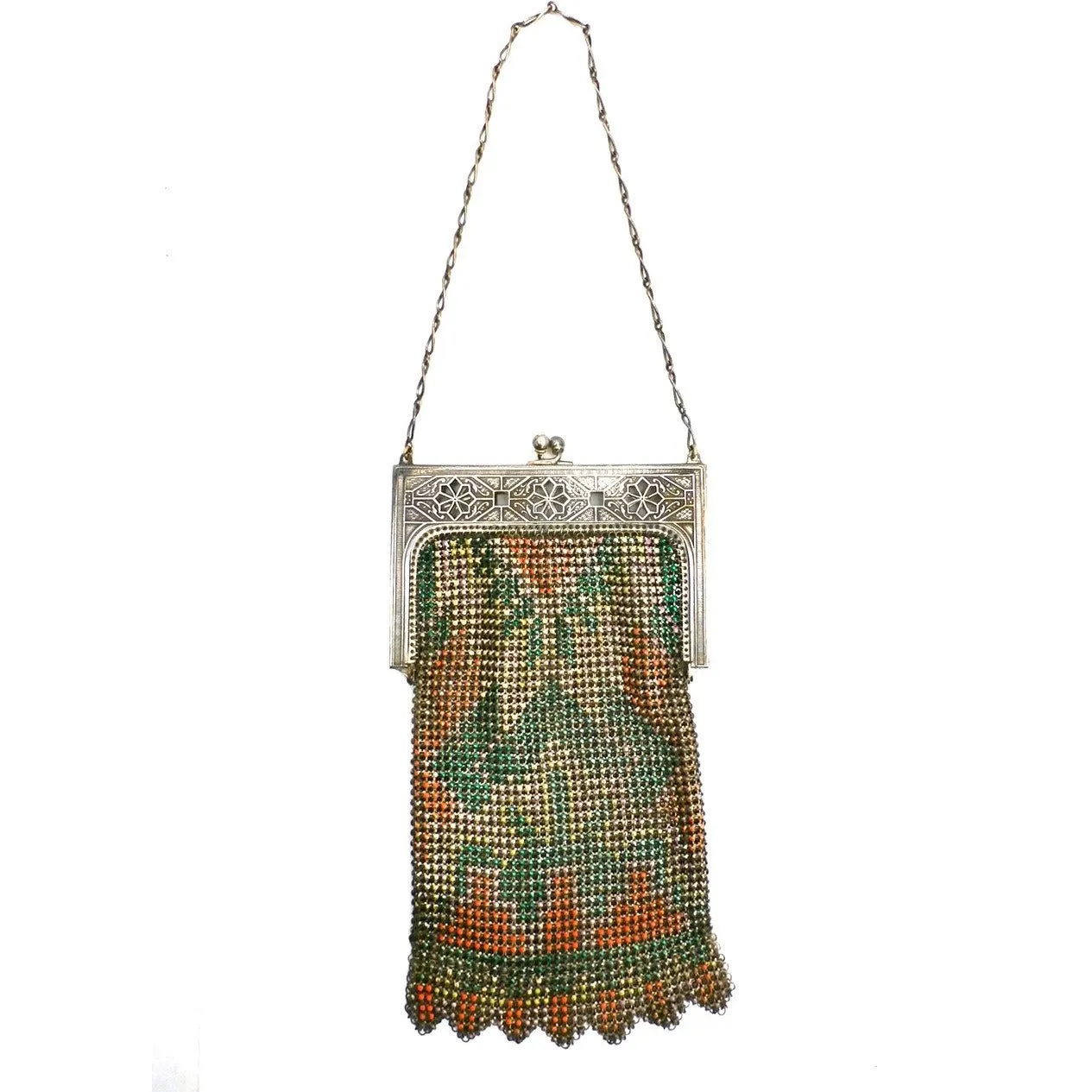 Vintage Purse Art Deco Whiting & Davis Enameled Mesh Purse 1920S Orange Pink Green