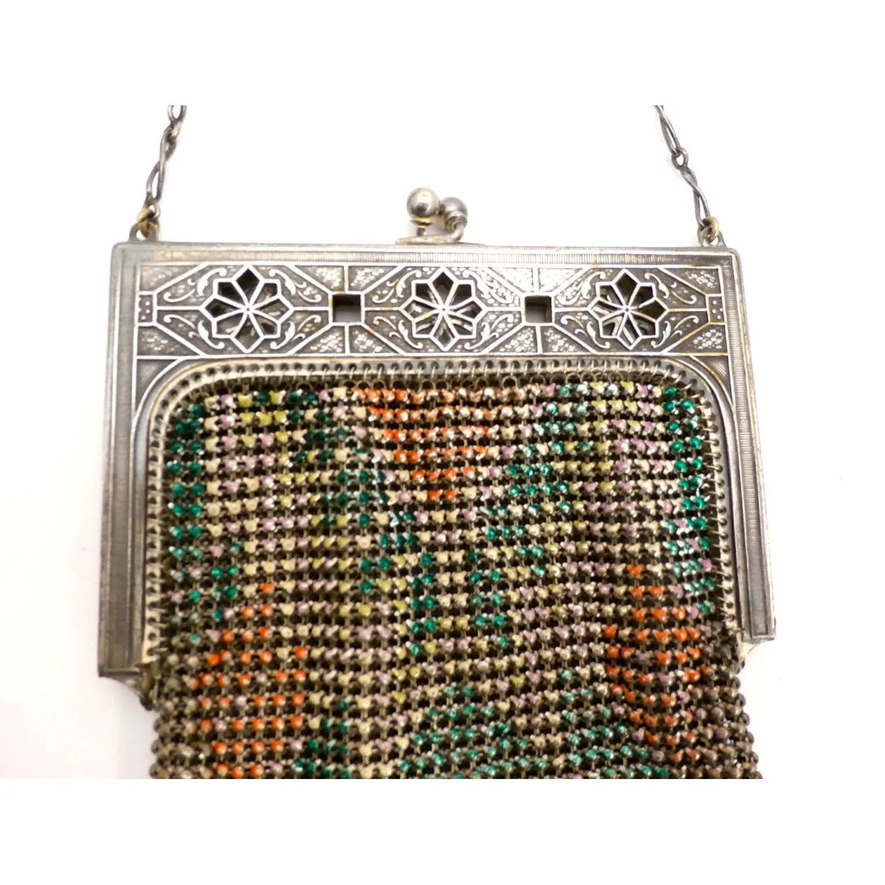 Vintage Purse Art Deco Whiting & Davis Enameled Mesh Purse 1920S Orange Pink Green