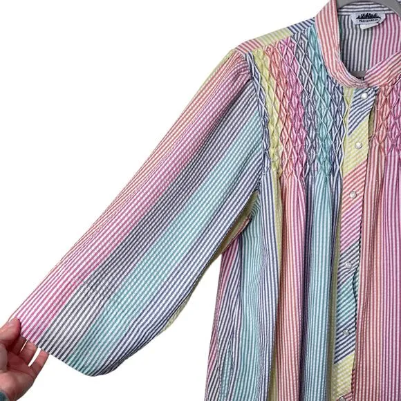 Vintage Rainbow Striped Seersucker Smocked House Coat Robe Grandma Cottage L