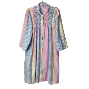 Vintage Rainbow Striped Seersucker Smocked House Coat Robe Grandma Cottage L