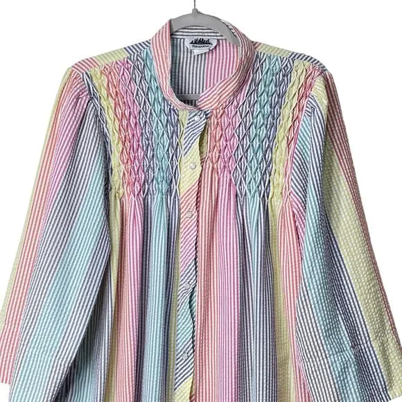 Vintage Rainbow Striped Seersucker Smocked House Coat Robe Grandma Cottage L