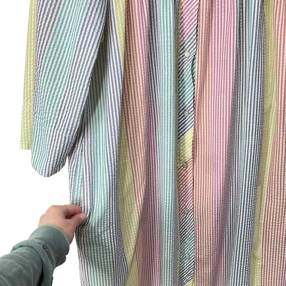 Vintage Rainbow Striped Seersucker Smocked House Coat Robe Grandma Cottage L