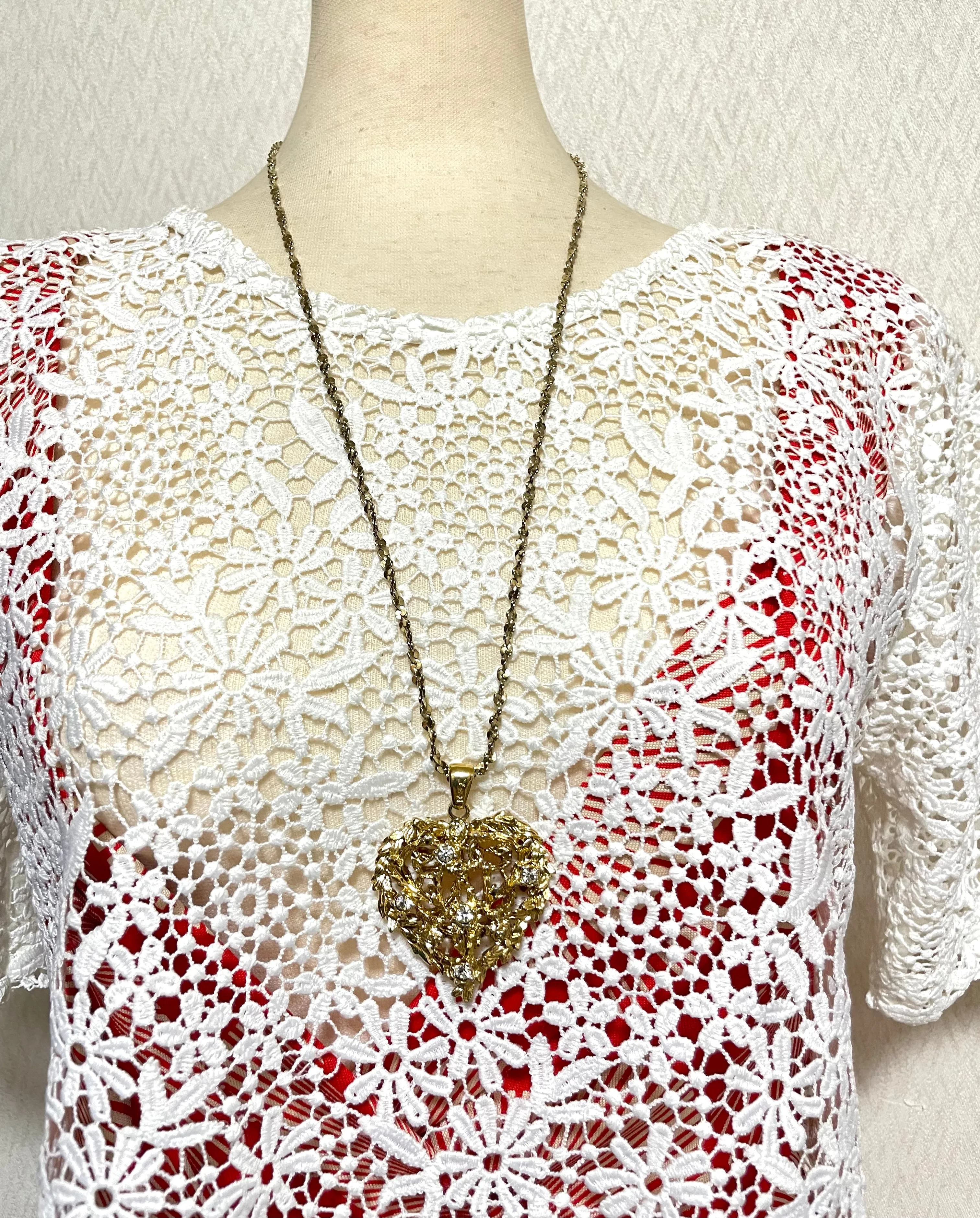Vintage Yves Saint Laurent golden chain long statement necklace with arabesque heart and crystal pendant top. 050803y3