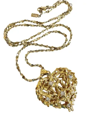 Vintage Yves Saint Laurent golden chain long statement necklace with arabesque heart and crystal pendant top. 050803y3