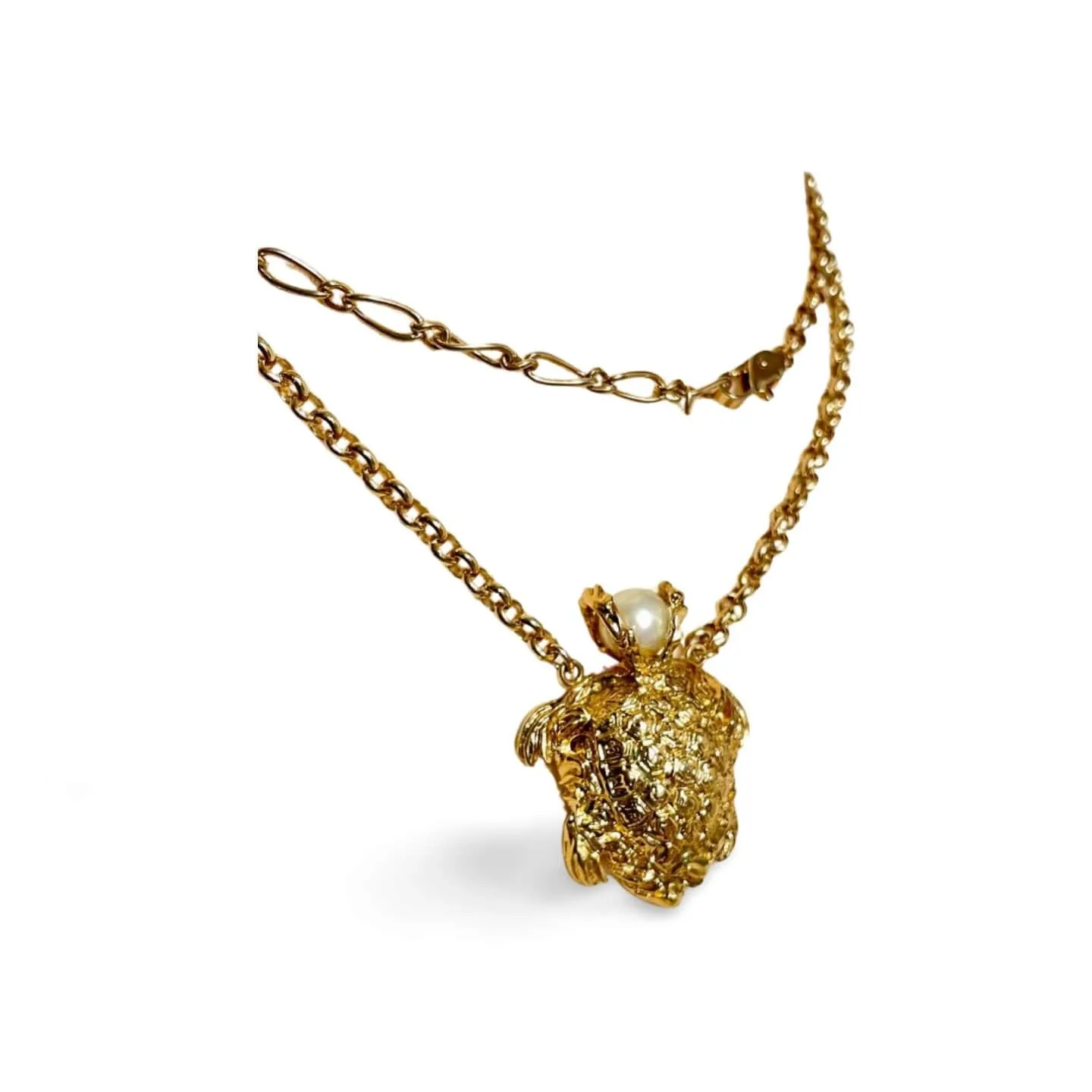 Vintage Yves Saint Laurent golden chain statement necklace with a faux pearl head golden turtle top. Must have jewelry piece. 060123ac6