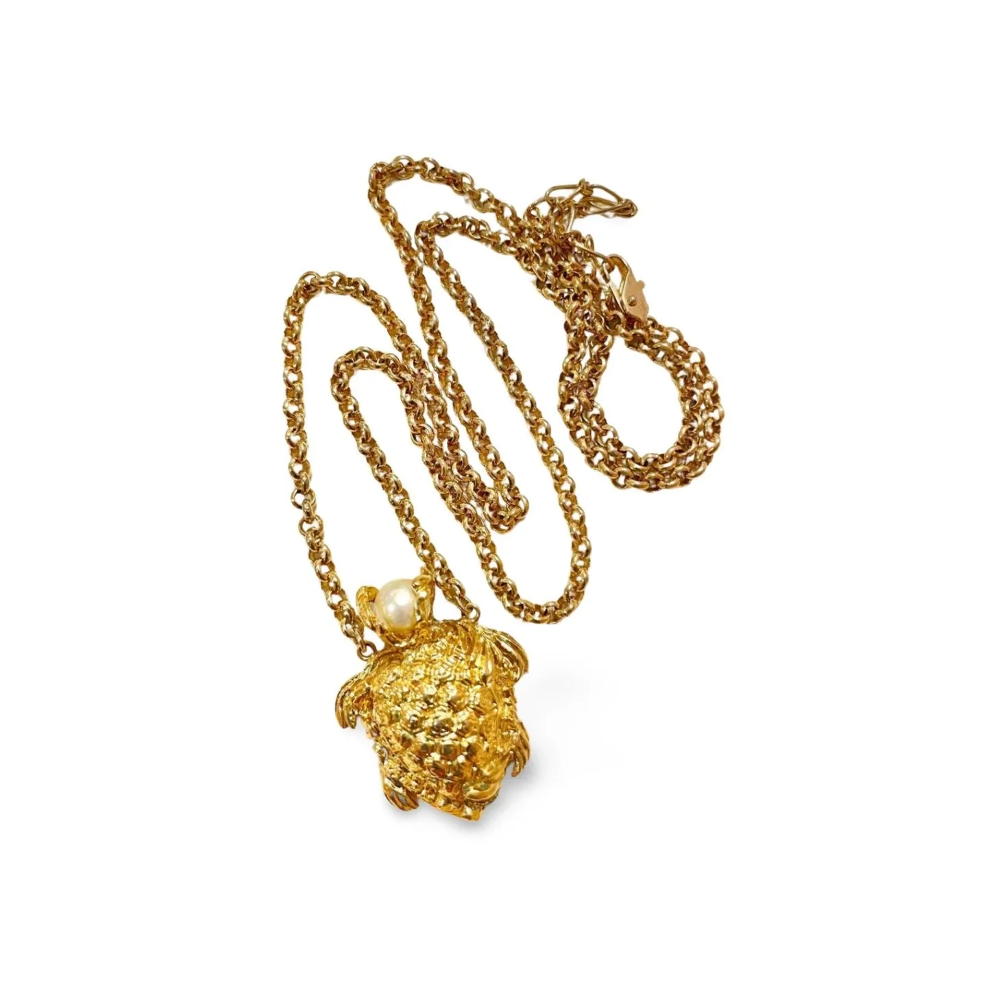 Vintage Yves Saint Laurent golden chain statement necklace with a faux pearl head golden turtle top. Must have jewelry piece. 060123ac6