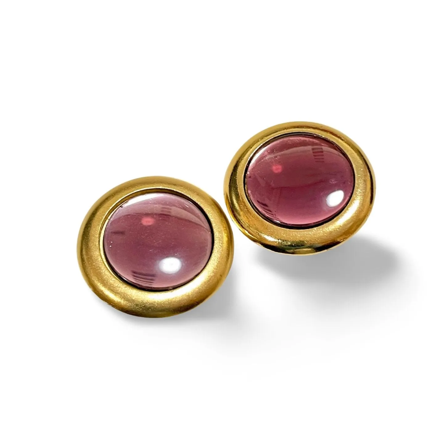 Vintage Yves Saint Laurent golden round earrings with pink gripoix glass. 060227ac1
