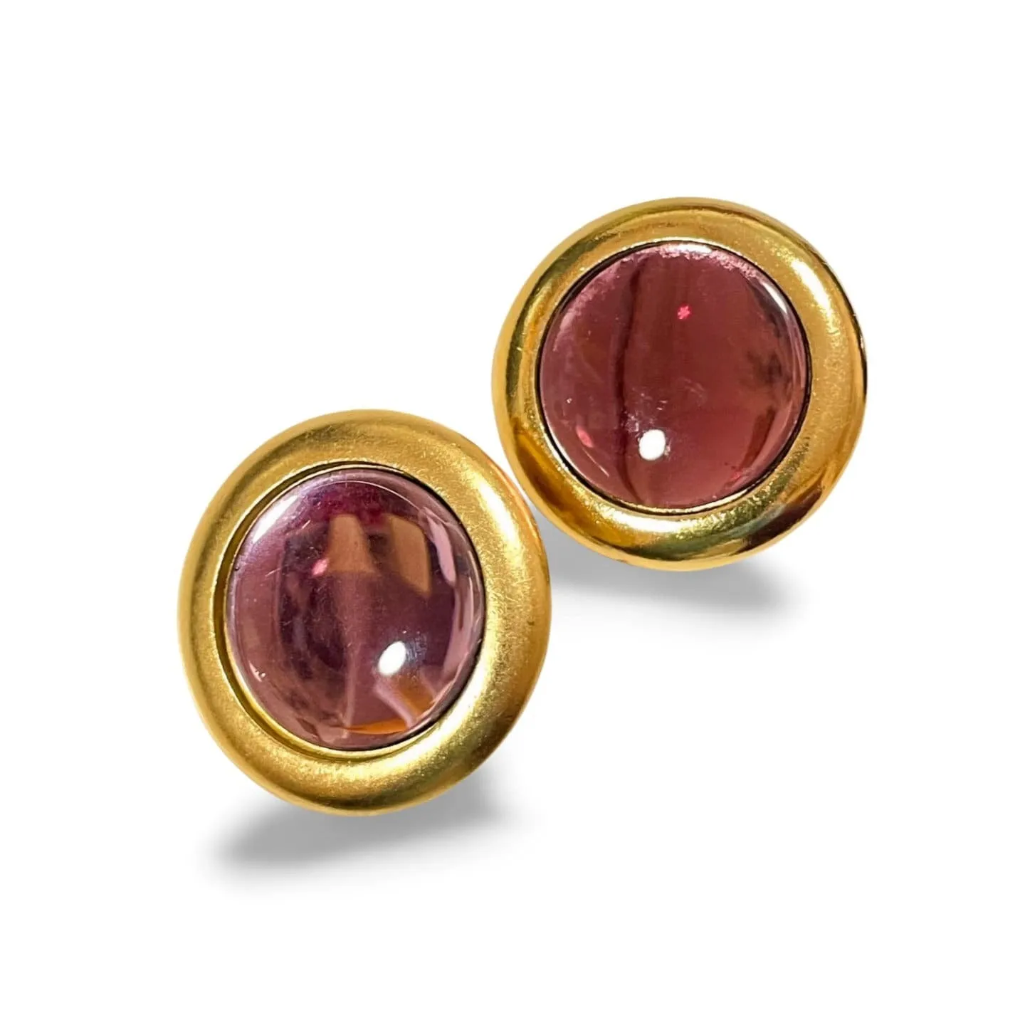 Vintage Yves Saint Laurent golden round earrings with pink gripoix glass. 060227ac1